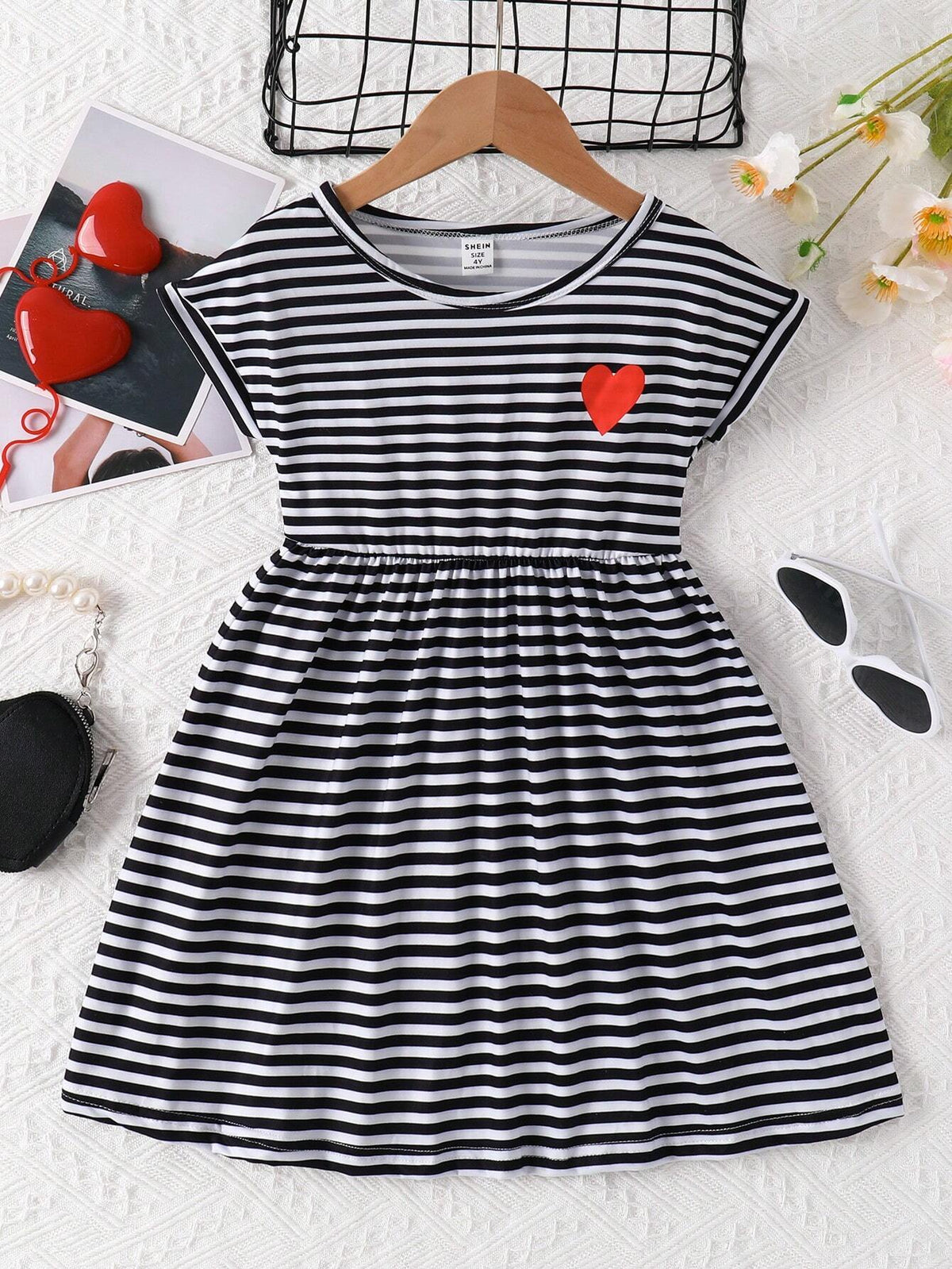 Girls Striped & Heart Print Batwing Sleeve Dress For Summer