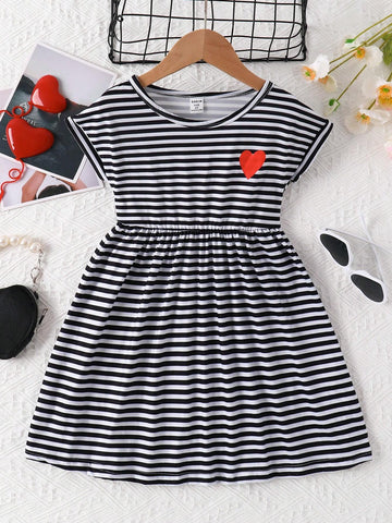 Girls Striped & Heart Print Batwing Sleeve Dress For Summer
