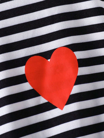 Girls Striped & Heart Print Batwing Sleeve Dress For Summer