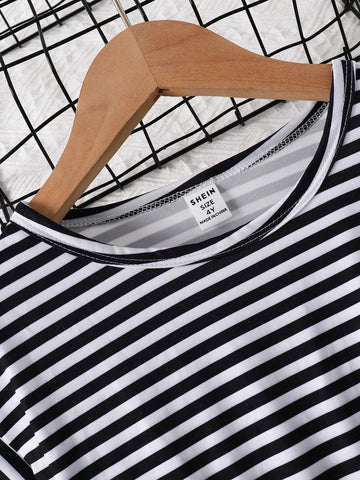 Girls Striped & Heart Print Batwing Sleeve Dress For Summer