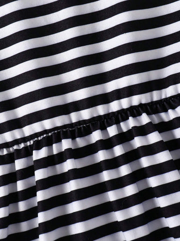 Girls Striped & Heart Print Batwing Sleeve Dress For Summer