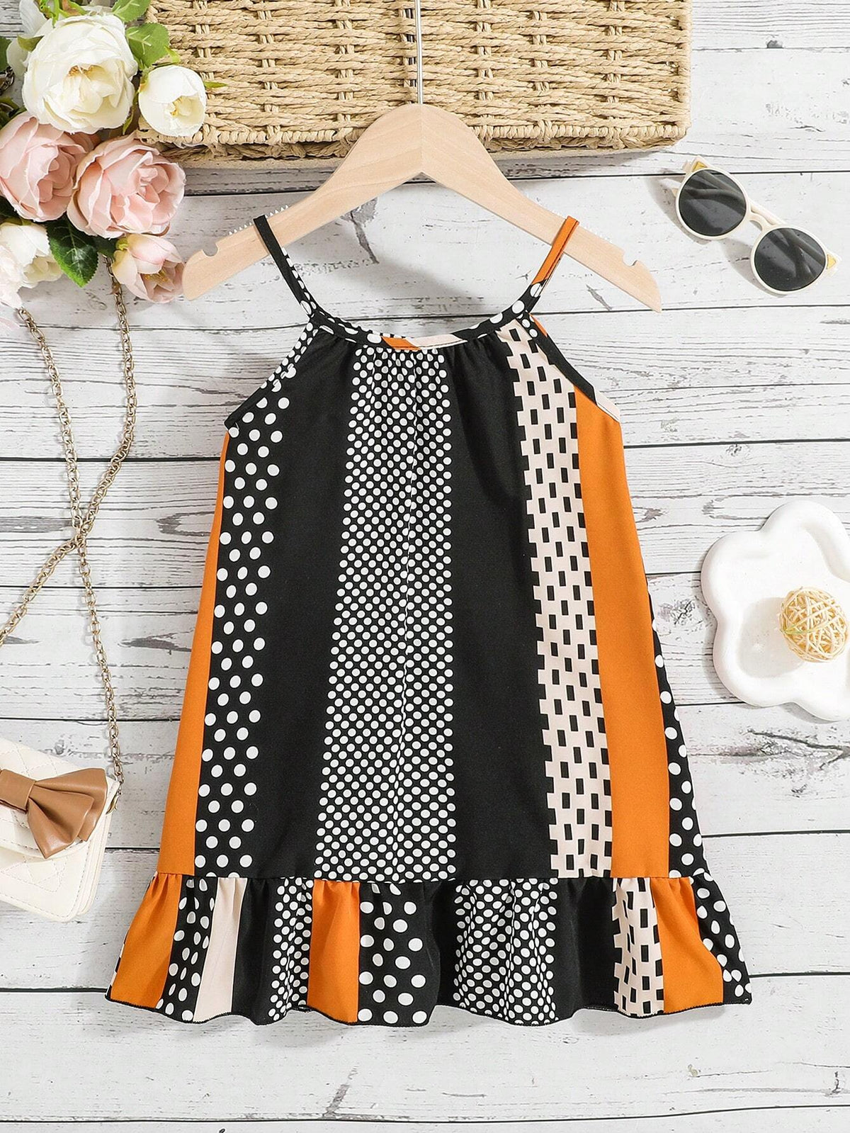 Girls' Stylish Colorblock Striped & Polka Dot Pattern Spaghetti Strap Dress For Summer Vacation