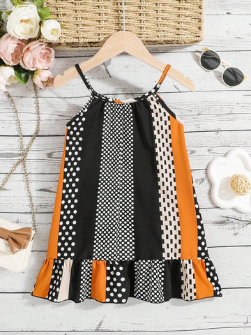 Girls' Stylish Colorblock Striped & Polka Dot Pattern Spaghetti Strap Dress For Summer Vacation