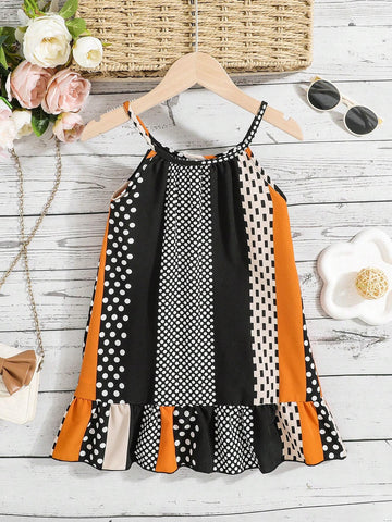 Girls' Stylish Colorblock Striped & Polka Dot Pattern Spaghetti Strap Dress For Summer Vacation