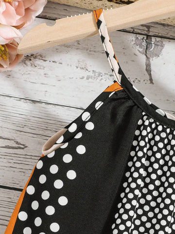 Girls' Stylish Colorblock Striped & Polka Dot Pattern Spaghetti Strap Dress For Summer Vacation