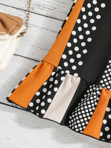 Girls' Stylish Colorblock Striped & Polka Dot Pattern Spaghetti Strap Dress For Summer Vacation