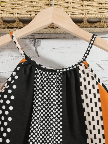 Girls' Stylish Colorblock Striped & Polka Dot Pattern Spaghetti Strap Dress For Summer Vacation