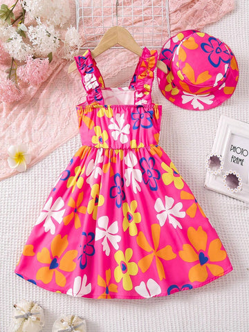 Girls' Stylish Floral Printed Ruffle Hem Summer Dress With Hat
