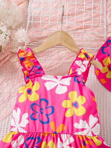 Girls' Stylish Floral Printed Ruffle Hem Summer Dress With Hat