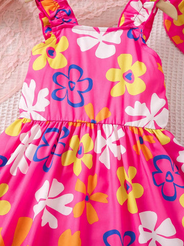 Girls' Stylish Floral Printed Ruffle Hem Summer Dress With Hat