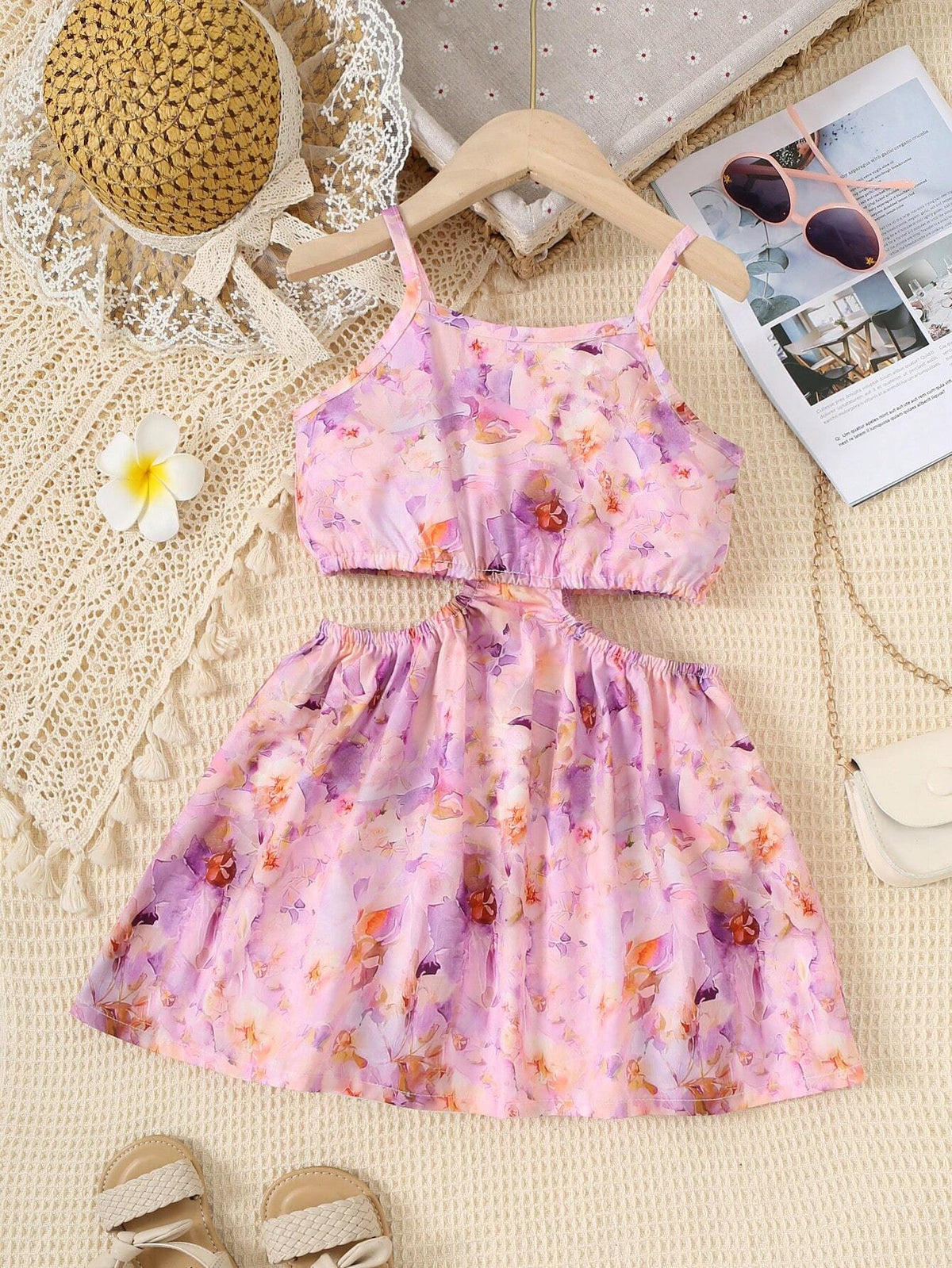 Girls' Stylish Flower Printed Suspenders Dress, Summer Gift For Outdoor Parties And Holidays