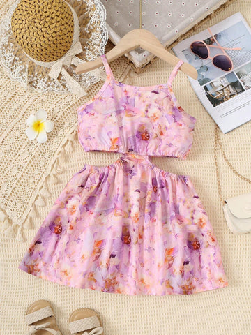 Girls' Stylish Flower Printed Suspenders Dress, Summer Gift For Outdoor Parties And Holidays