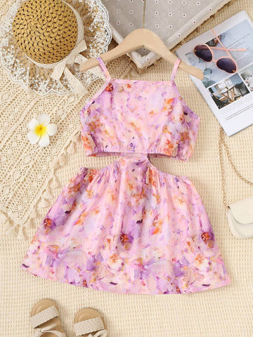 Girls' Stylish Flower Printed Suspenders Dress, Summer Gift For Outdoor Parties And Holidays