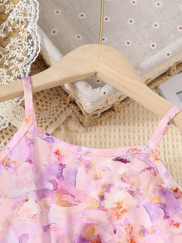 Girls' Stylish Flower Printed Suspenders Dress, Summer Gift For Outdoor Parties And Holidays