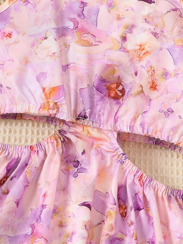 Girls' Stylish Flower Printed Suspenders Dress, Summer Gift For Outdoor Parties And Holidays
