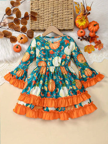 Girls Stylish & Loose Long Bell Sleeve Allover Pumpkins Pattern Layered Ruffle Hem Dress For Halloween Party