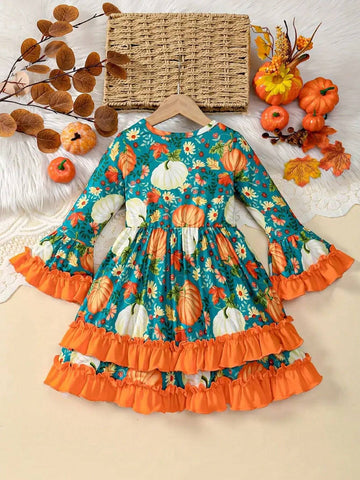 Girls Stylish & Loose Long Bell Sleeve Allover Pumpkins Pattern Layered Ruffle Hem Dress For Halloween Party