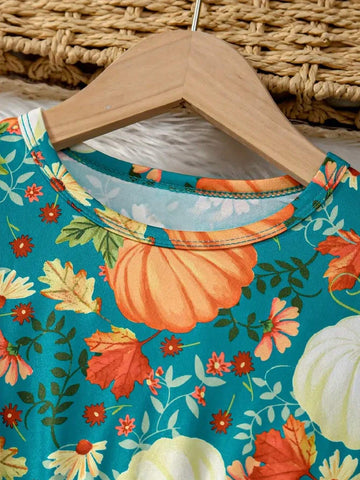 Girls Stylish & Loose Long Bell Sleeve Allover Pumpkins Pattern Layered Ruffle Hem Dress For Halloween Party