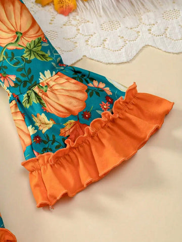 Girls Stylish & Loose Long Bell Sleeve Allover Pumpkins Pattern Layered Ruffle Hem Dress For Halloween Party