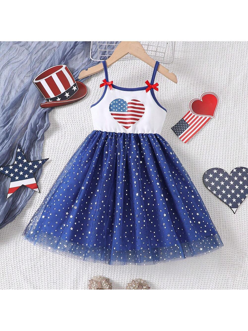 Girls' Summer American Independence Day Flag Red Stripe Heart Print Mesh Tutu Skirt