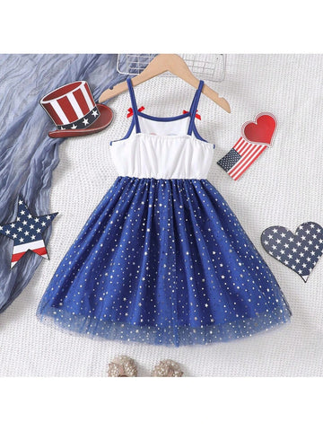 Girls' Summer American Independence Day Flag Red Stripe Heart Print Mesh Tutu Skirt