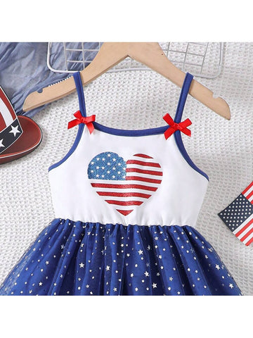 Girls' Summer American Independence Day Flag Red Stripe Heart Print Mesh Tutu Skirt