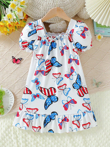 Girls" Summer Bubble Short Sleeve Butterfly Pattern Dress With Independence Day Elements