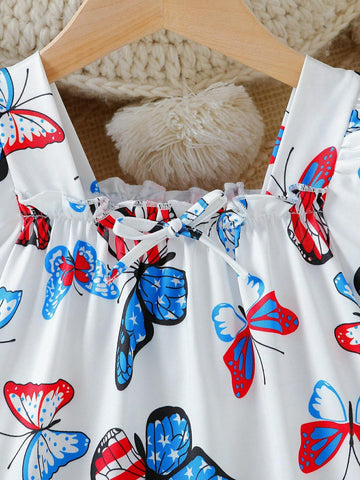 Girls" Summer Bubble Short Sleeve Butterfly Pattern Dress With Independence Day Elements