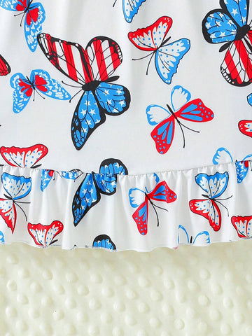 Girls" Summer Bubble Short Sleeve Butterfly Pattern Dress With Independence Day Elements