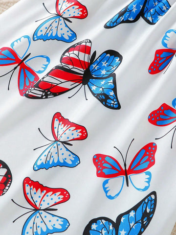 Girls" Summer Bubble Short Sleeve Butterfly Pattern Dress With Independence Day Elements