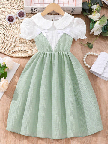 Girls" Summer Bubble Sleeve Doll Collar Patchwork Casual Dress