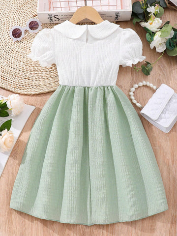 Girls" Summer Bubble Sleeve Doll Collar Patchwork Casual Dress