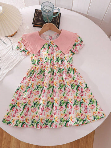 Girls' Summer Bubble Sleeve Floral Print Dress With Cute Vacation Style Large Lapel Collar