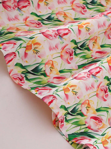 Girls' Summer Bubble Sleeve Floral Print Dress With Cute Vacation Style Large Lapel Collar
