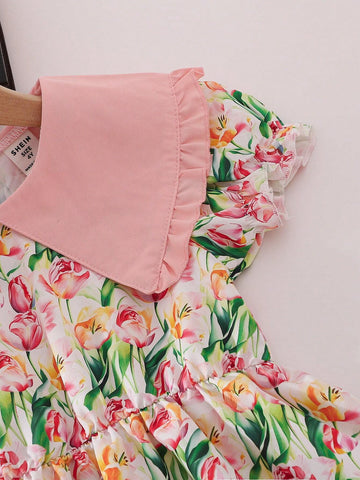 Girls' Summer Bubble Sleeve Floral Print Dress With Cute Vacation Style Large Lapel Collar