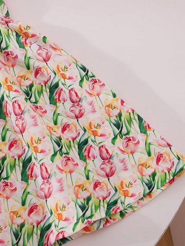 Girls' Summer Bubble Sleeve Floral Print Dress With Cute Vacation Style Large Lapel Collar