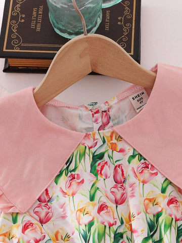 Girls' Summer Bubble Sleeve Floral Print Dress With Cute Vacation Style Large Lapel Collar