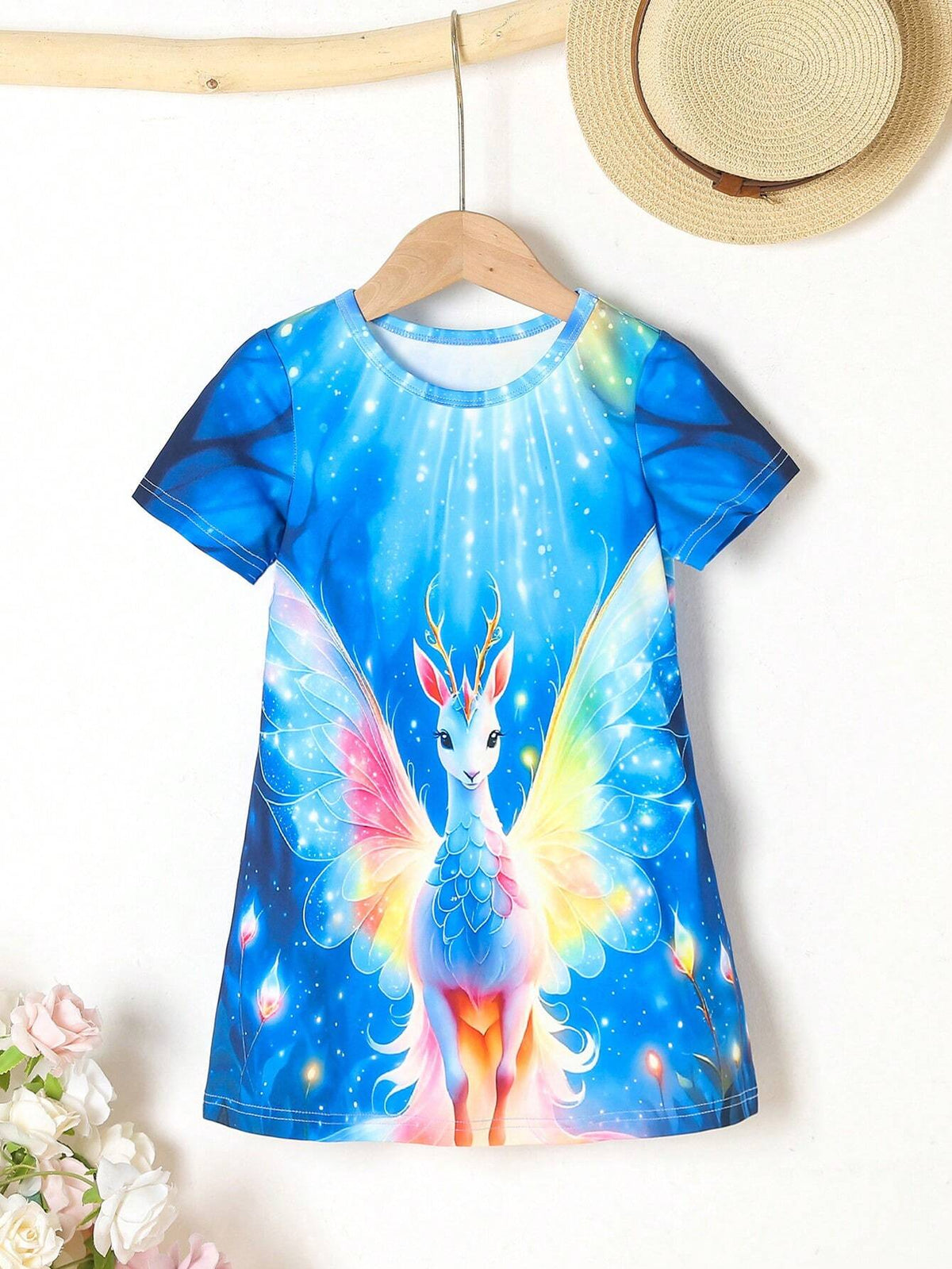 Girls' Summer Casual Cute Deer Printed Dress, Breathable Short Sleeve Dress For A Refreshing Summer