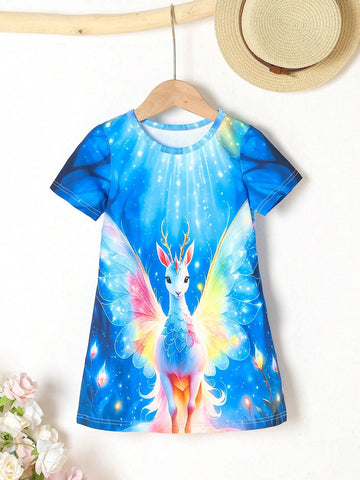 Girls' Summer Casual Cute Deer Printed Dress, Breathable Short Sleeve Dress For A Refreshing Summer