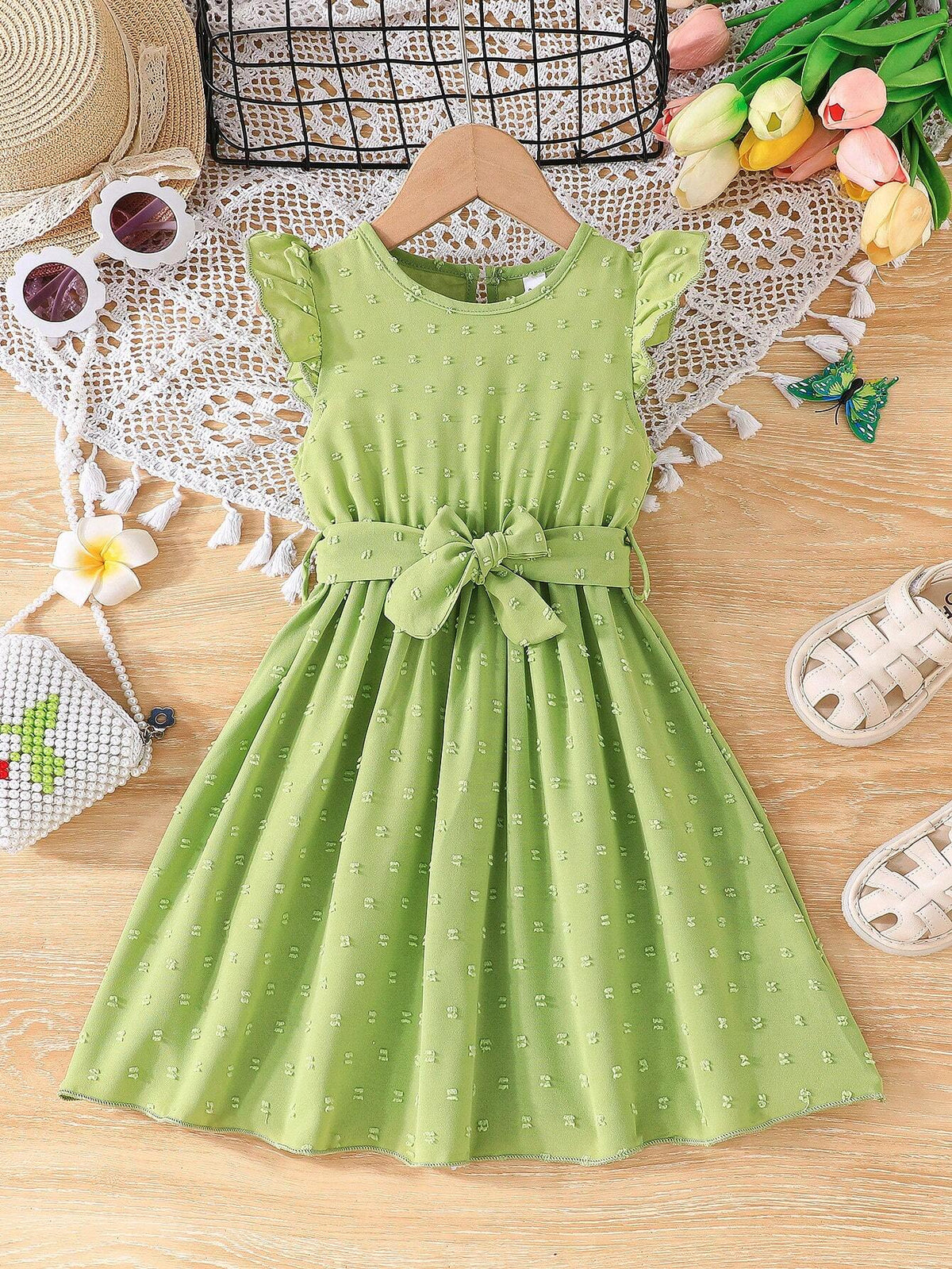 Girls' Summer Casual Cute Ruffle Sleeves Round Neck Buttoned Dress