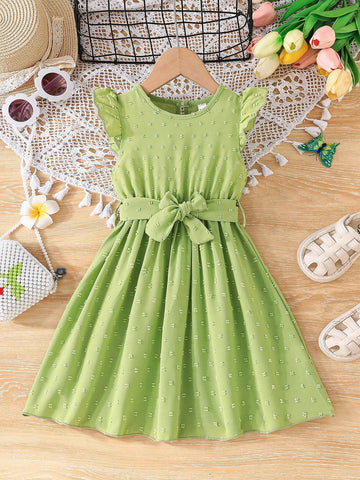 Girls' Summer Casual Cute Ruffle Sleeves Round Neck Buttoned Dress