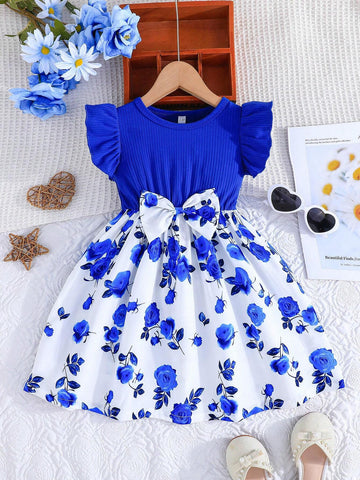 Girls' Summer Casual Dress With Ruffled Sleeves, Bow And Rose Print