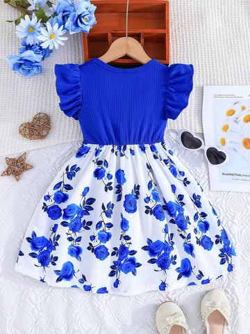 Girls' Summer Casual Dress With Ruffled Sleeves, Bow And Rose Print