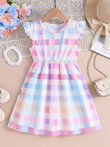 Girls' Summer Casual Korean Style Cute Round Neck Plaid Dress With Batwing Sleeves