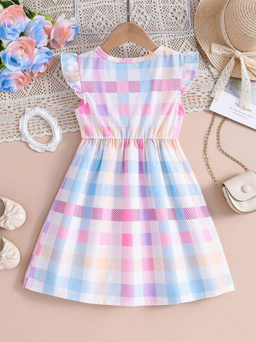 Girls' Summer Casual Korean Style Cute Round Neck Plaid Dress With Batwing Sleeves