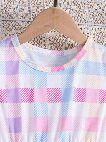 Girls' Summer Casual Korean Style Cute Round Neck Plaid Dress With Batwing Sleeves