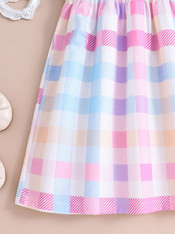 Girls' Summer Casual Korean Style Cute Round Neck Plaid Dress With Batwing Sleeves