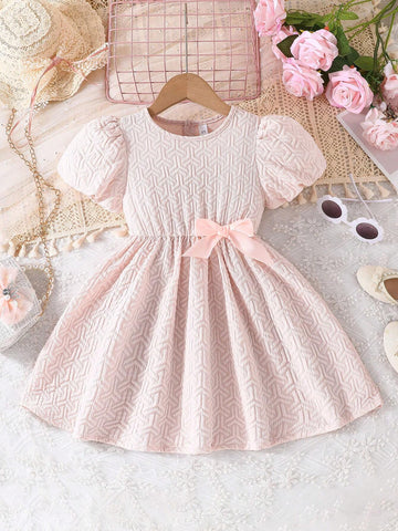 Girls' Summer Casual Short Sleeve Dress With Round Neck And Button Design
