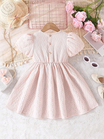 Girls' Summer Casual Short Sleeve Dress With Round Neck And Button Design