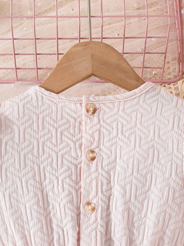 Girls' Summer Casual Short Sleeve Dress With Round Neck And Button Design